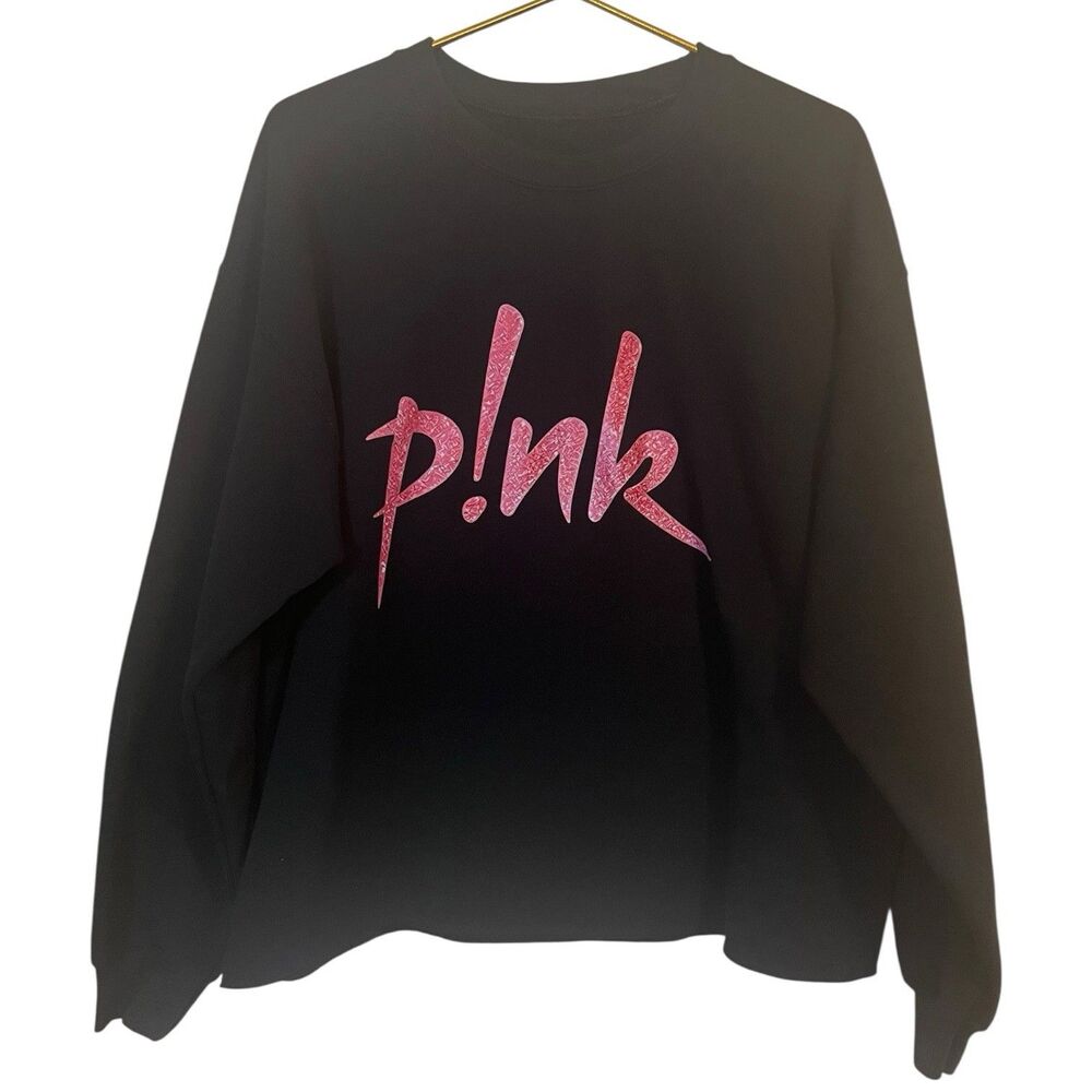 P!nk Graphic Sweatshirt Crewneck Faux Glitter Logo Classic Black LXL Pink Merch